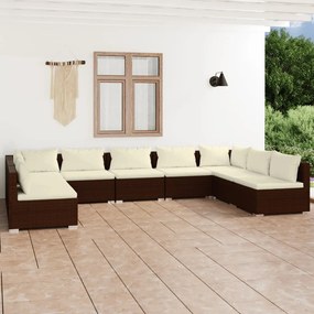 Set Divani da Giardino 9 pz con Cuscini in Polyrattan Marrone