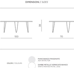Tavolino NICO piano in legno sagomato Bianco Frassino gambe in metallo