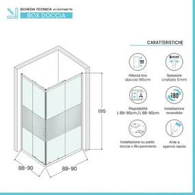 Box doccia angolare 90x90 in vetro temperato serigrafato doppio scorrevole con profili cromo Tay