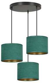 Lampadario Tondo 3 Luci Ganesha In Acciaio Nero E Paralumi In Tessuto Verde