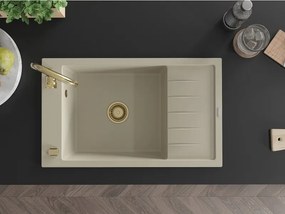 Mexen Elias lavello in granito a 1 vasca con gocciolatoio 795 x 480 mm, beige, sifone dorato - 6511791005-69-G