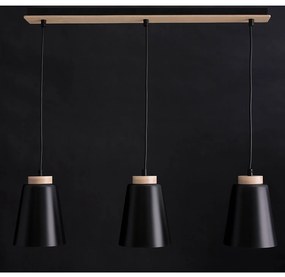 Lampadario 3 Luci Lancillotto Con Paralumi A Cono In Acciaio Nero E Legno Naturale
