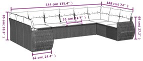 Set divani da giardino 10pz con cuscini in polyrattan nero