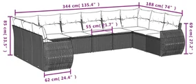 Set divani da giardino 10pz con cuscini in polyrattan nero