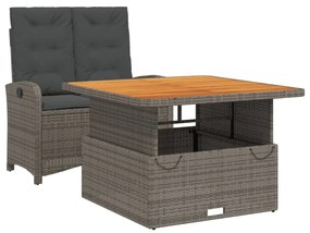 Set da pranzo da giardino 2 pz con cuscini in polyrattan grigio