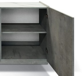 Credenza FAVIGNANA in legno, finitura in grigio cemento, piano effetto marmo statuario, 200&#215;50 cm