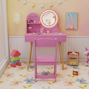 Costway Set da trucco per bambini con specchio illuminato, Set da tavolo e sedia da principessa con ripiano aperto 2 Colori