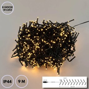 Catenaria Natalizia LED 9m 8 GIOCHI DI LUCE Cavo VERDE IP44 Colore Bianco Caldo 2200 - 2300 °K