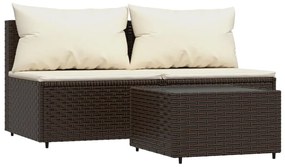 Set mobili da giardino 3 pz con cuscini in polyrattan marrone