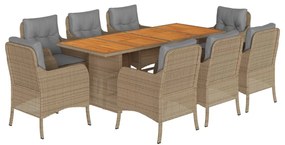 Set da pranzo da giardino 9 pz con cuscini beige in polyrattan