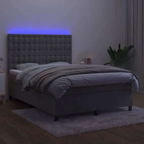 Letto a molle materasso e led grigio chiaro 140x190 cm velluto