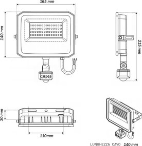 Faro LED 50W IP65 Nero con Sensore di Movimento e OSRAM chip LED Colore Bianco Caldo 3.000K