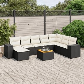 Set divani da giardino 9 pz con cuscini nero in polyrattan