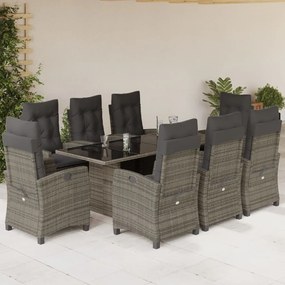 Set da pranzo da giardino 9 pz con cuscini in polyrattan grigio