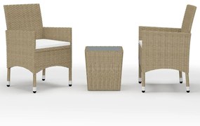 Set bistrot da giardino 3 pz polyrattan e vetro temperato beige