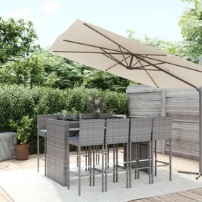 Set Bar da Giardino 9 pz con Cuscini in Polyrattan Grigio