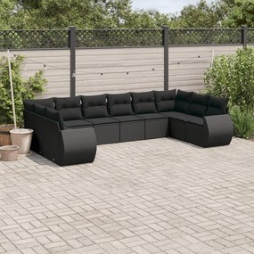 Set divani da giardino 10pz con cuscini in polyrattan nero