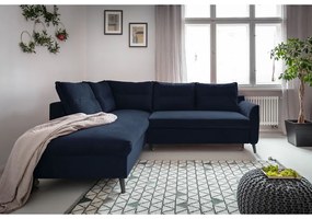 Divano letto angolare in velluto blu scuro L, angolo sinistro Stylish Stan - Miuform
