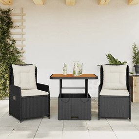 Set Da Bistrò 3 Pz Con Cuscini Nero İn Polyrattan /