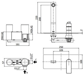 Paffoni Tango Ta106cr Miscelatore lavabo Incasso 2 Fori Piastra Rettangolare E Bocca 24 cm Cromo