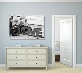 Quadro su tela – Con scritta in legno Love in bianco e nero