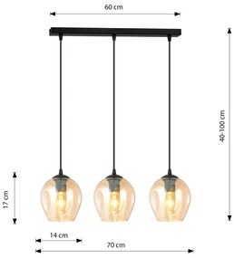 Lampadario 3 Luci Fuxi In Acciaio Nero E Vetri Ambra