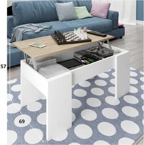 Tavolino Da Salotto Con Piano Elevabile 50x100x45 Cm Rovere E Bianco
