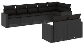 Set divani da giardino con cuscini 8 pz nero in polyrattan