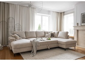 Divano letto angolare in velluto a coste beige (angolo destro) Lofty Lilly - Miuform