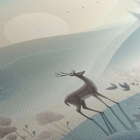 Quadro su tela – Paesaggio boschivo con cervo e montagne