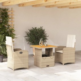 Set da Pranzo da Giardino 3 pz con Cuscini Beige in Polyrattan