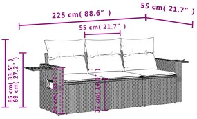 Set divani da giardino 3 pz con cuscini in polyrattan nero