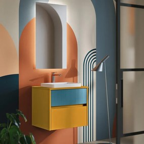 Mobile sottolavabo e lavabo Niwa per vasca centrale laccato opaco senape con vetro blu pacifico 2 cassetti