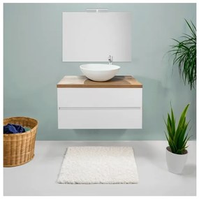 Mobile Bagno Sospeso 80 Cm Con Lavabo E Specchio Bianco Lucido Top Rovere Rio