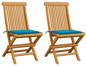 Sedie da giardino con cuscini blu 2 pz in massello di teak