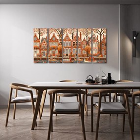 Quadri 5 pezzi – Autunno lungo il canale con case storiche