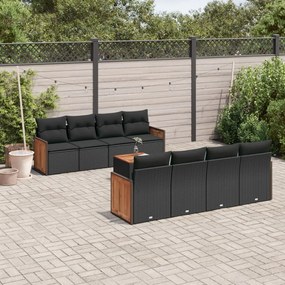 Set divani da giardino 9 pz con cuscini nero in polyrattan