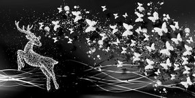 Quadro su tela – Splendido cervo con farfalle in bianco e nero
