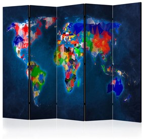 Paravento design Continente colorati (5-parti) - mappa del mondo geometrica e colorata