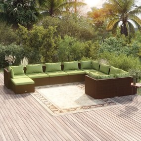 Set divani da giardino 10 pz con cuscini in polyrattan marrone