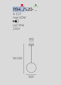 Sospensione ottone sat. 1 luce vetro piccolo fume' 1194os-s20-fu