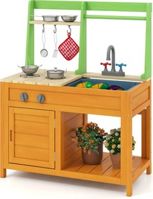 Costway Cucina in legno per bambini con fornelli realistici, Giocattoli da esterno per bambini dai 3+ anni Giallo