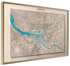 Poster  Raised Relief Map: Hamburg  Cornice Quadri Cornice d'oro, Larghezza x Altezza Home decor 60x40