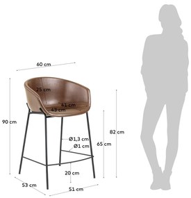 Kave Home - Sgabello Yvette in pelle sintetica marrone e gambe in acciaio nero altezza 65 cm