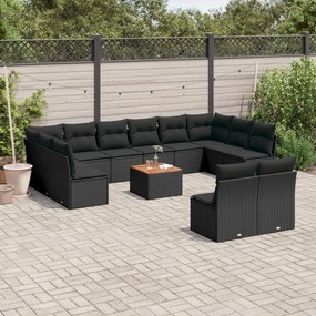 Set divani da giardino 13pz con cuscini nero in polyrattan