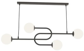 Lampadario 4 Luci Kine In Acciaio Nero E Sfere In Vetro Opale