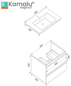 Kamalu - Composizione bagno sospesa 65 cm colore bianco opaco | LAC-EOLO-65