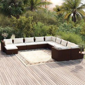 Set mobili da giardino 11 pz con cuscini in polyrattan marrone