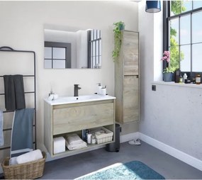 Mobile Bagno Sospeso 80 cm Con Lavabo Specchio Vano Giorno E Cassettone Rovere Alaska VAN