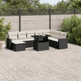 Set divani da giardino 9 pz con cuscini nero in polyrattan